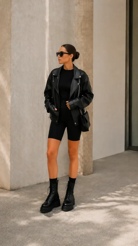 biker shorts outfit styled with ankle boots for a structured look