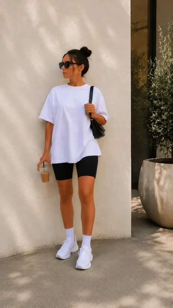 biker shorts outfit with white sneakers styled in a minimal everyday look