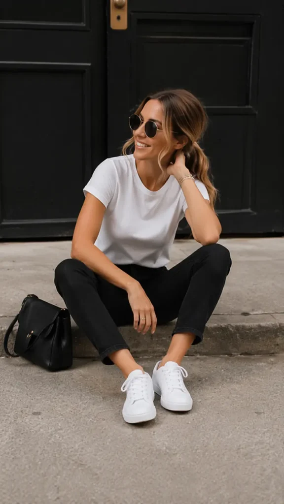 woman wearing black jeans with white sneakers in a clean casual outfit