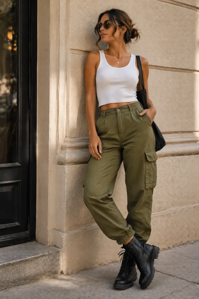 woman wearing olive cargo pants styled with black combat boots and a fitted top for a structured casual outfit