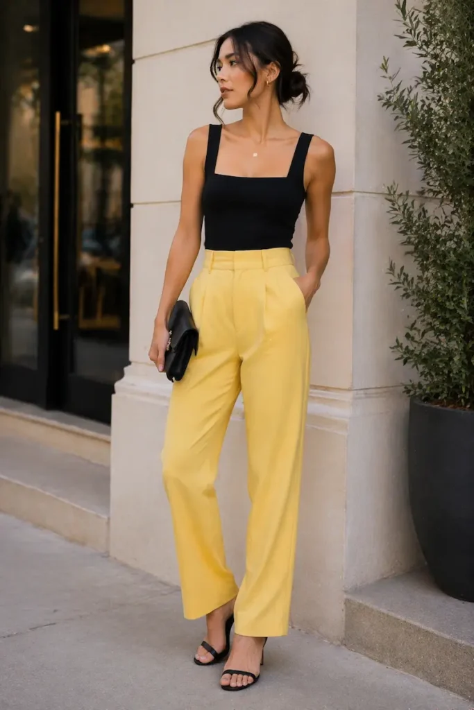 woman wearing yellow pants styled with a black fitted top and heels for a polished outfit