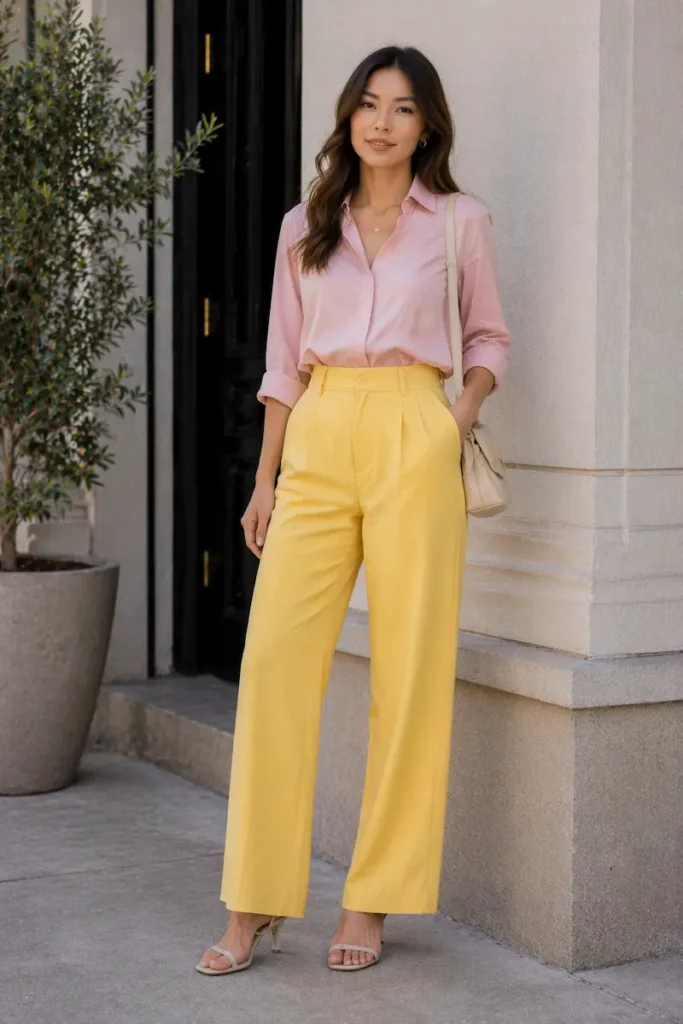 woman wearing yellow pants with a soft pink top and heels styled in a balanced colorful outfit