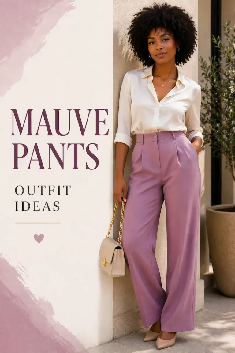 afro woman wearing mauve pants styled with a neutral blouse in a clean, elegant outfit