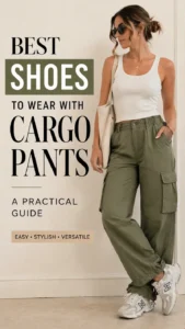 woman wearing olive cargo pants styled with white sneakers in a clean and casual outfit guide