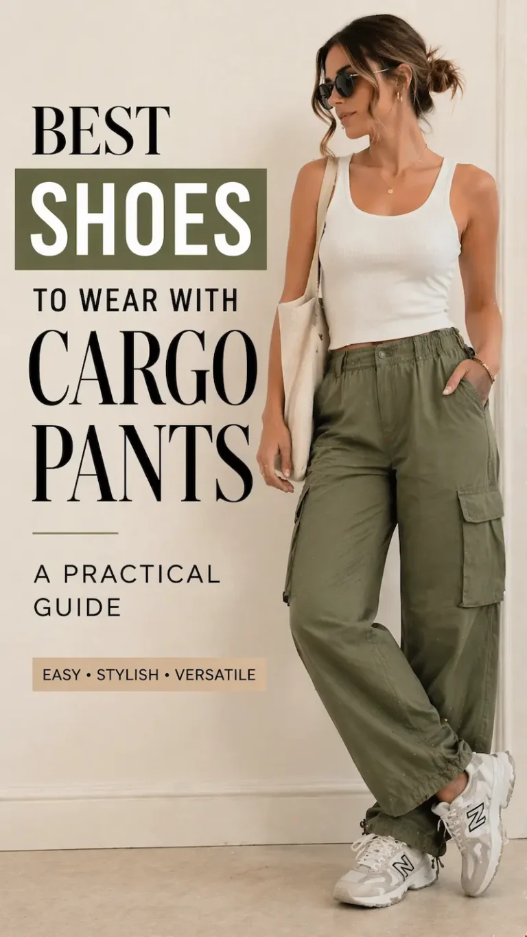 woman wearing olive cargo pants styled with white sneakers in a clean and casual outfit guide