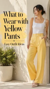 asian woman wearing yellow wide-leg pants styled with a white top in a clean and modern outfit guide thumbnail